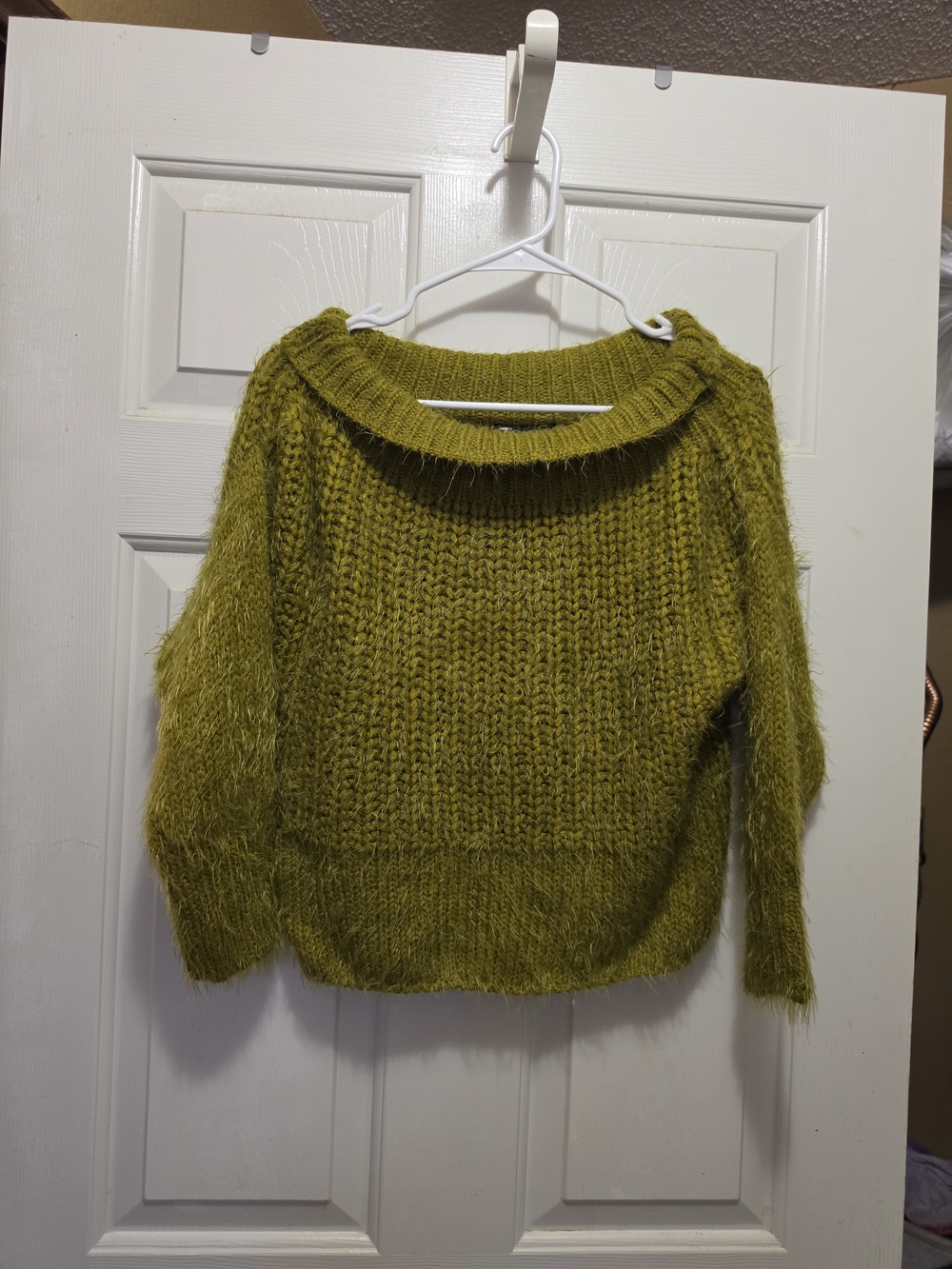 New York & Company Moss Green Off-the-Shoulder Fuzzy Knit Sweater
